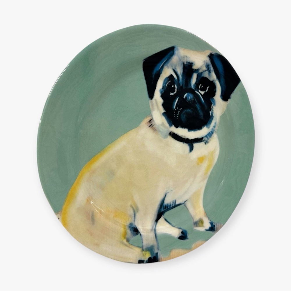 Sally Muir Anthropologie Pug Dog-A-Day Dessert Plate Green England - Picture 3 of 7